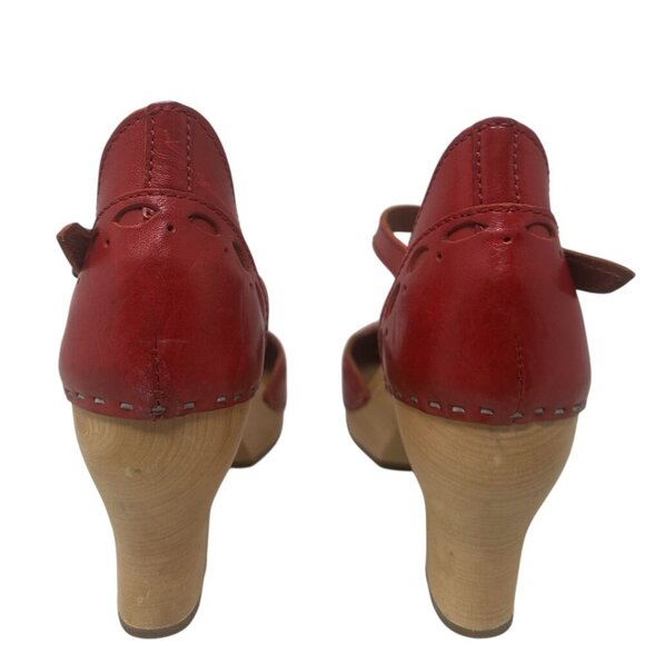 Rare Swedish Hasbeens Red Laser Cut Leather Platform Heeled Clog Sandals 9 Boho - Picture 5 of 14